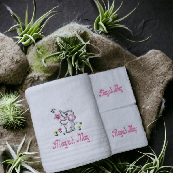 Embroidered Personalised Elephant Towel Set with Name & Design