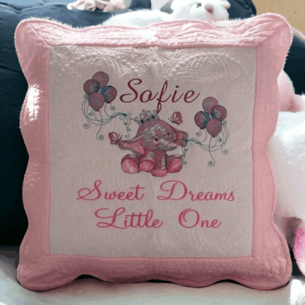 Embroidered Personalised Heirloom Baby Cushion - Ellie The Elephant Sweet Dreams