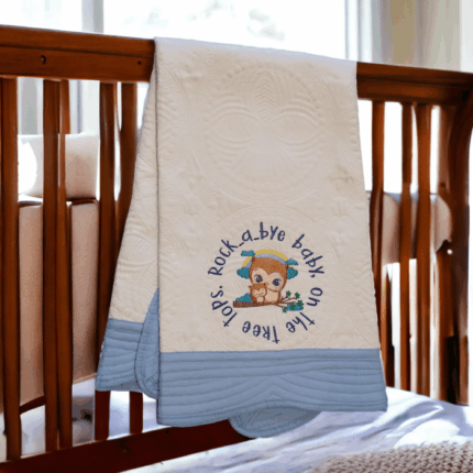 Personalised Embroidered Inspirational Heirloom Baby Cot Quilt...Rock a Bye baby on the Tree Tops