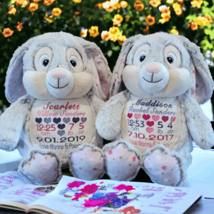 Personalised Embroidered Birth Announcement Grey Bunny Pink Star Cubbies Bear