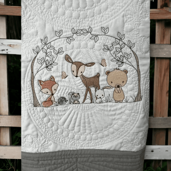 Personalised Embroidered Woodland Animals Heirloom Baby Cot Quilt