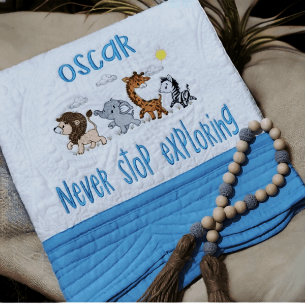 Personalised Embroidered Safari Animals Heirloom Baby Cot Quilt