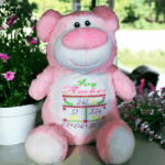Personalised Embroidered Birth Announcement Pink Bear Cubby