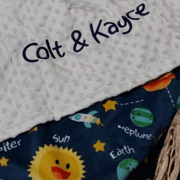 Personalised Embroidered Outter Space Minky Cot Blanket - Blue