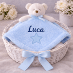 Personalised Blue Teddy Bear Baby Comforter Blanket | Embroidered Security Lovey Blanket Toy