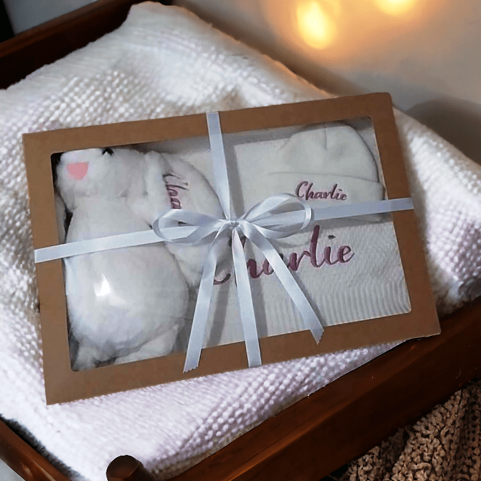 445811837_1588310378617428_217040057636996111_n-Photoroom Personalised Embroidered 3pc New Born Baby Boxed Gift Set, Baby Cotton Knit Cot Blanket Set, New Baby Hamper, Embroidered Baby Shower Gift - Image 1