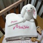 Personalised Embroidered 3pc New Born Baby Boxed Gift Set, Baby Cotton Knit Cot Blanket Set, New Baby Hamper, Embroidered Baby Shower Gift - Image 2
