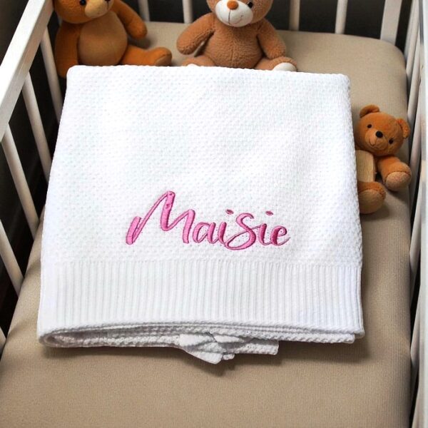 Personalised Embroidered Knit Baby Blanket  -Full Sized Knit Cot Blanket - 4 Colours